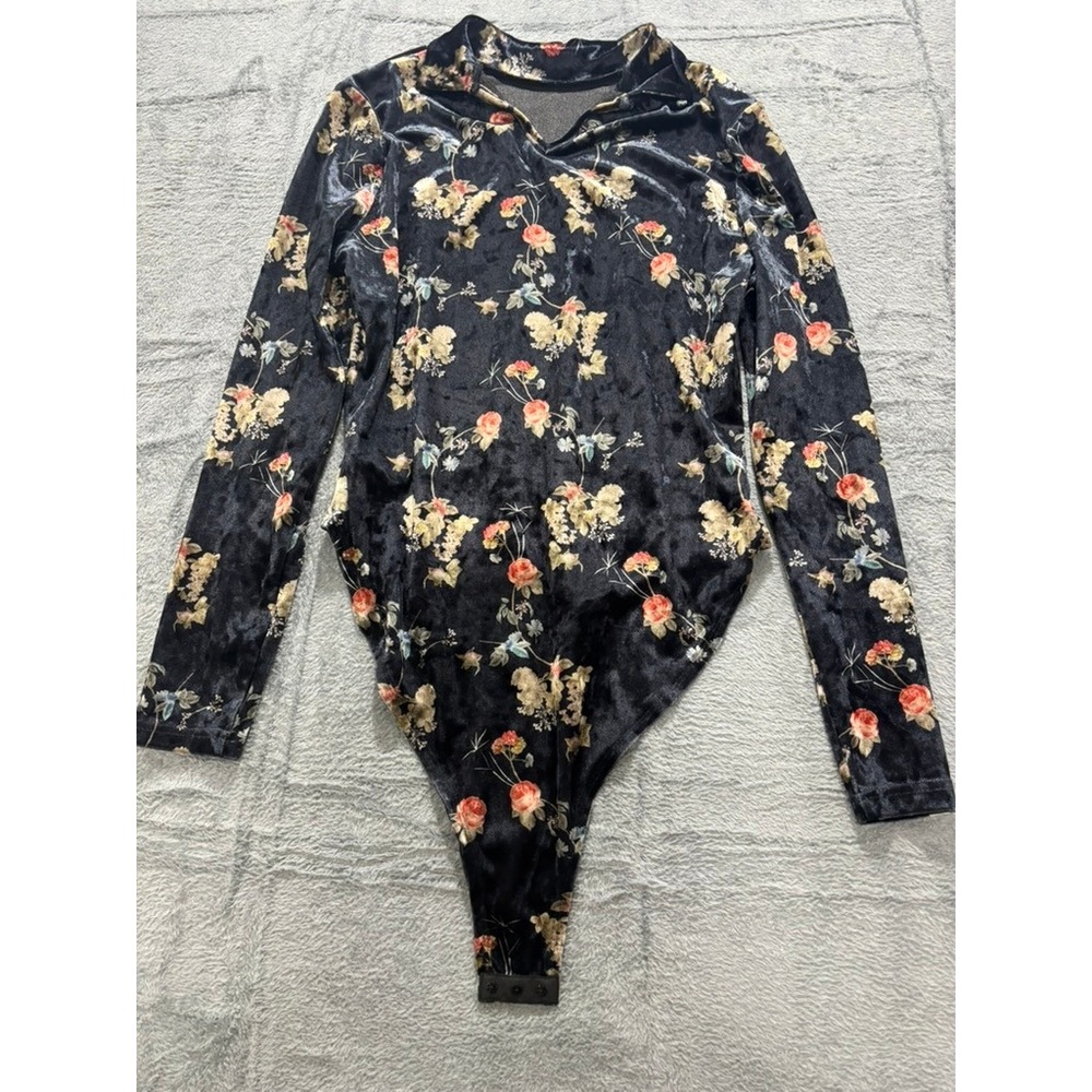 Cider Bodysuit‎ Womens XL Floral Velvet Long Sleeve Grunge Y2K Stretch Top